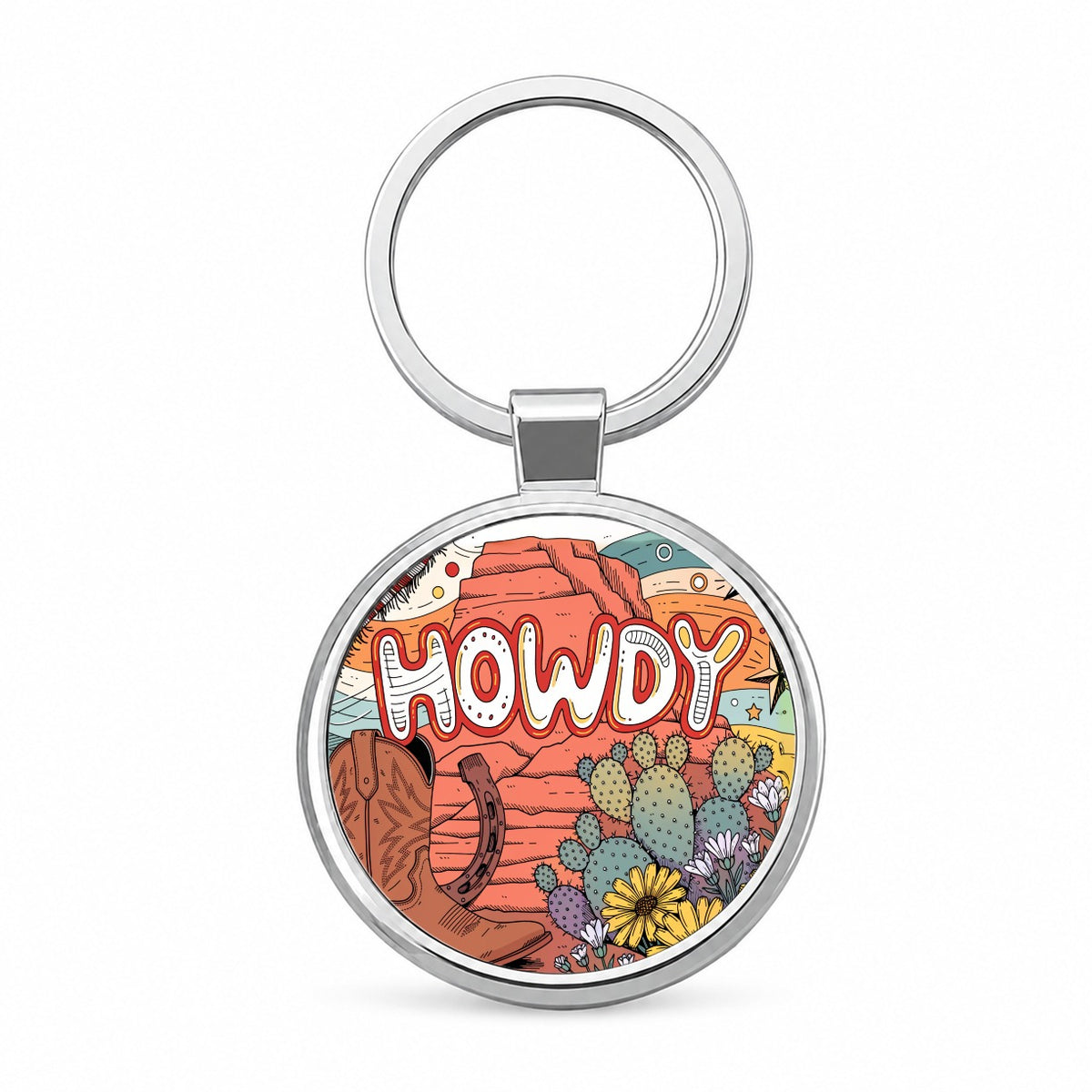 Howdy Country Cowboy Boot Cactus Round Metal Keychain