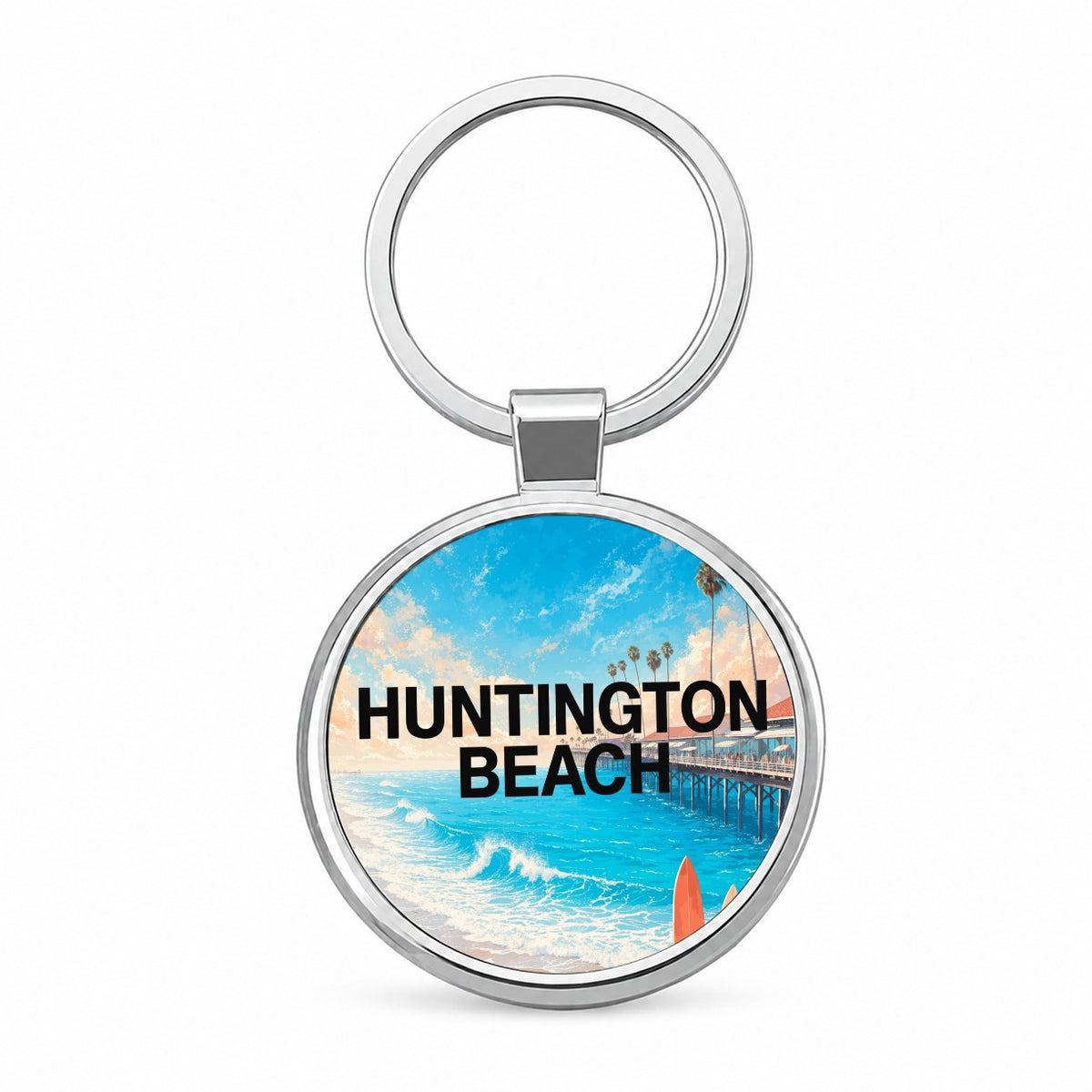 Huntington Beach California Travel Round Metal Keychain