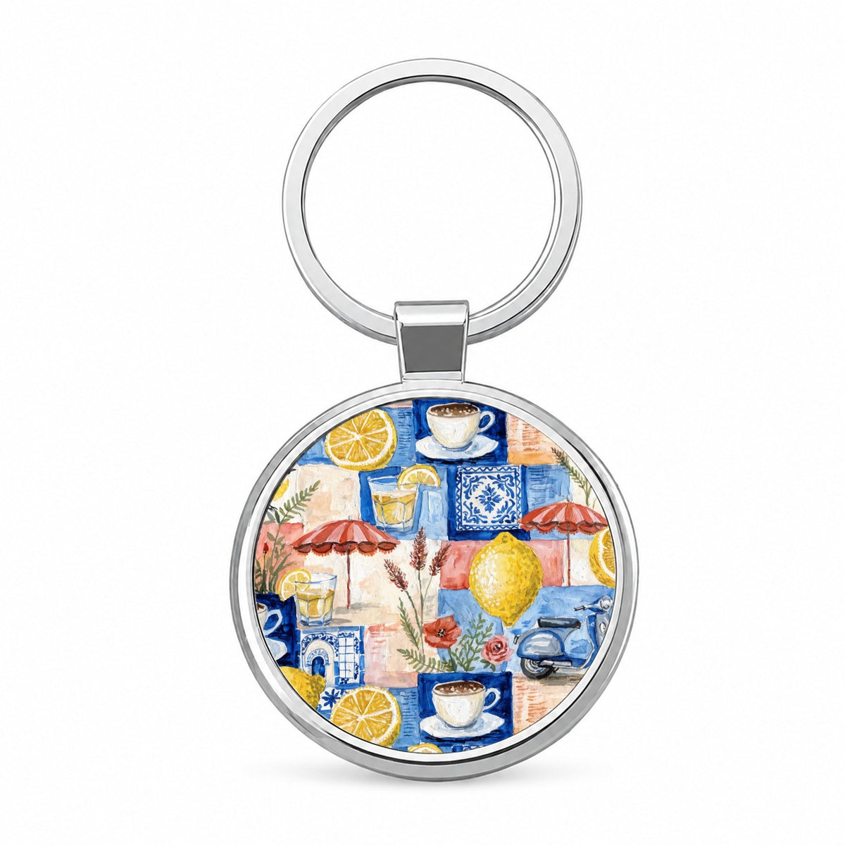 Italian Mediterranean Summer Lemons Round Metal Keychain