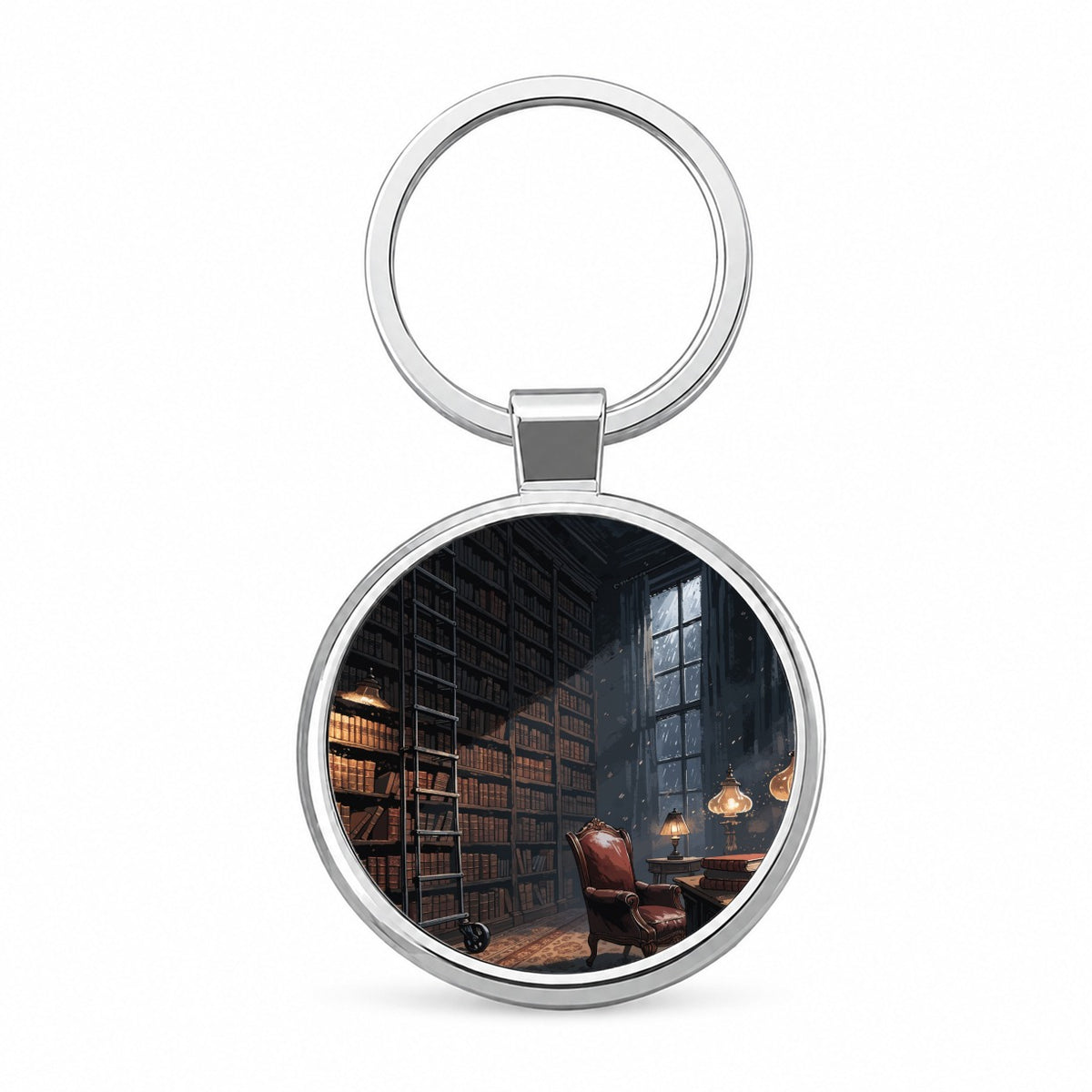 Library at Night Round Metal Keychain