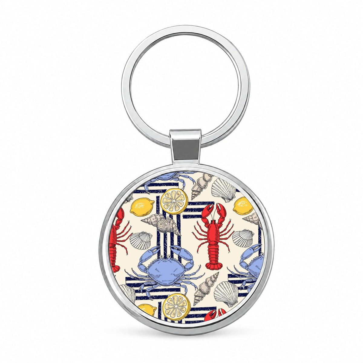 Lobsters Blue Crabs Lemons Round Metal Keychain