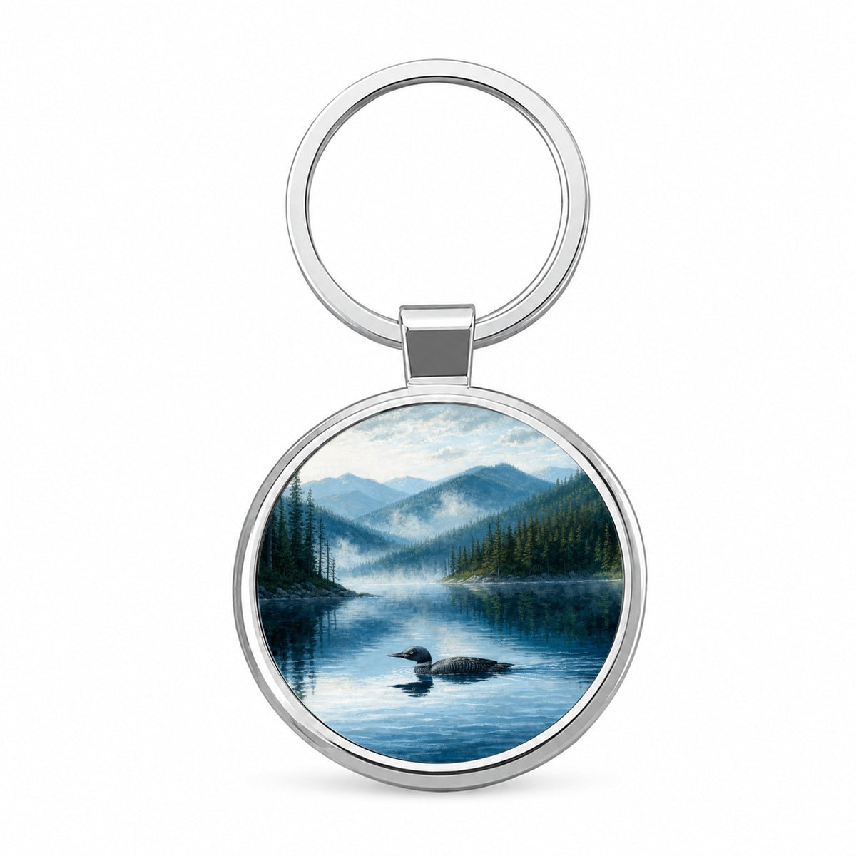 Loon Mountain Lake Round Metal Keychain
