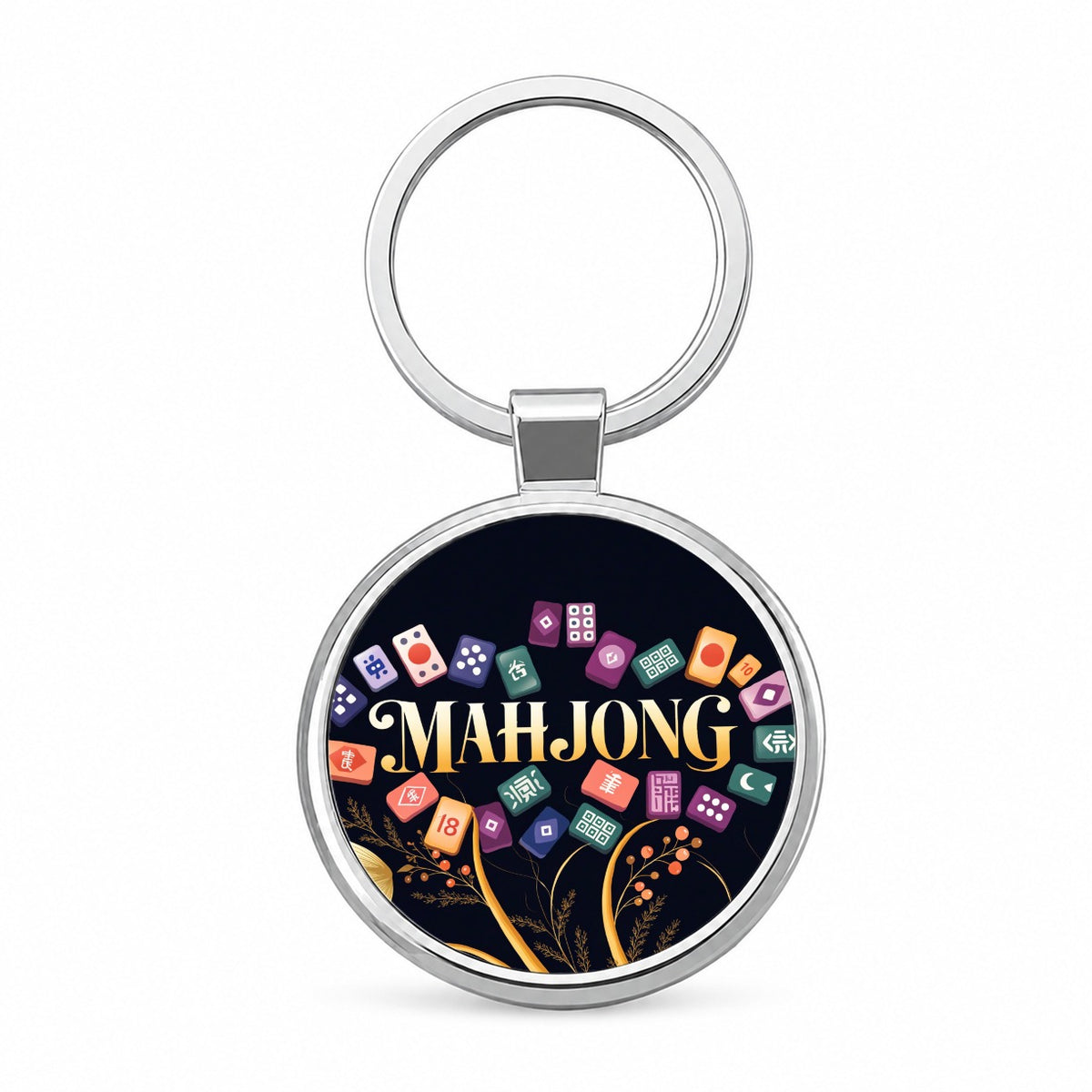 Mahjong Game Tiles Elegant Round Metal Keychain