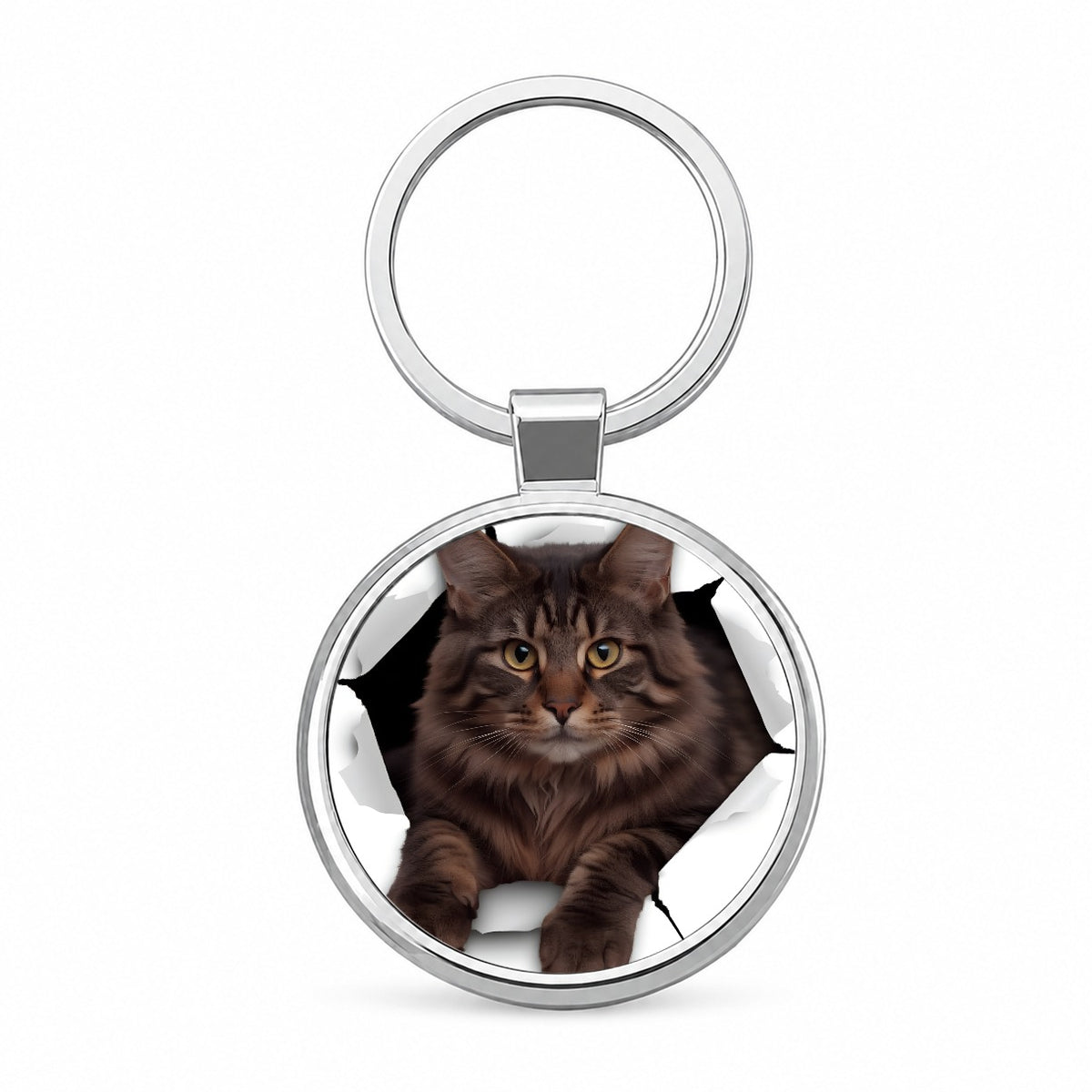 Main Coon Cat Breakout Round Metal Keychain