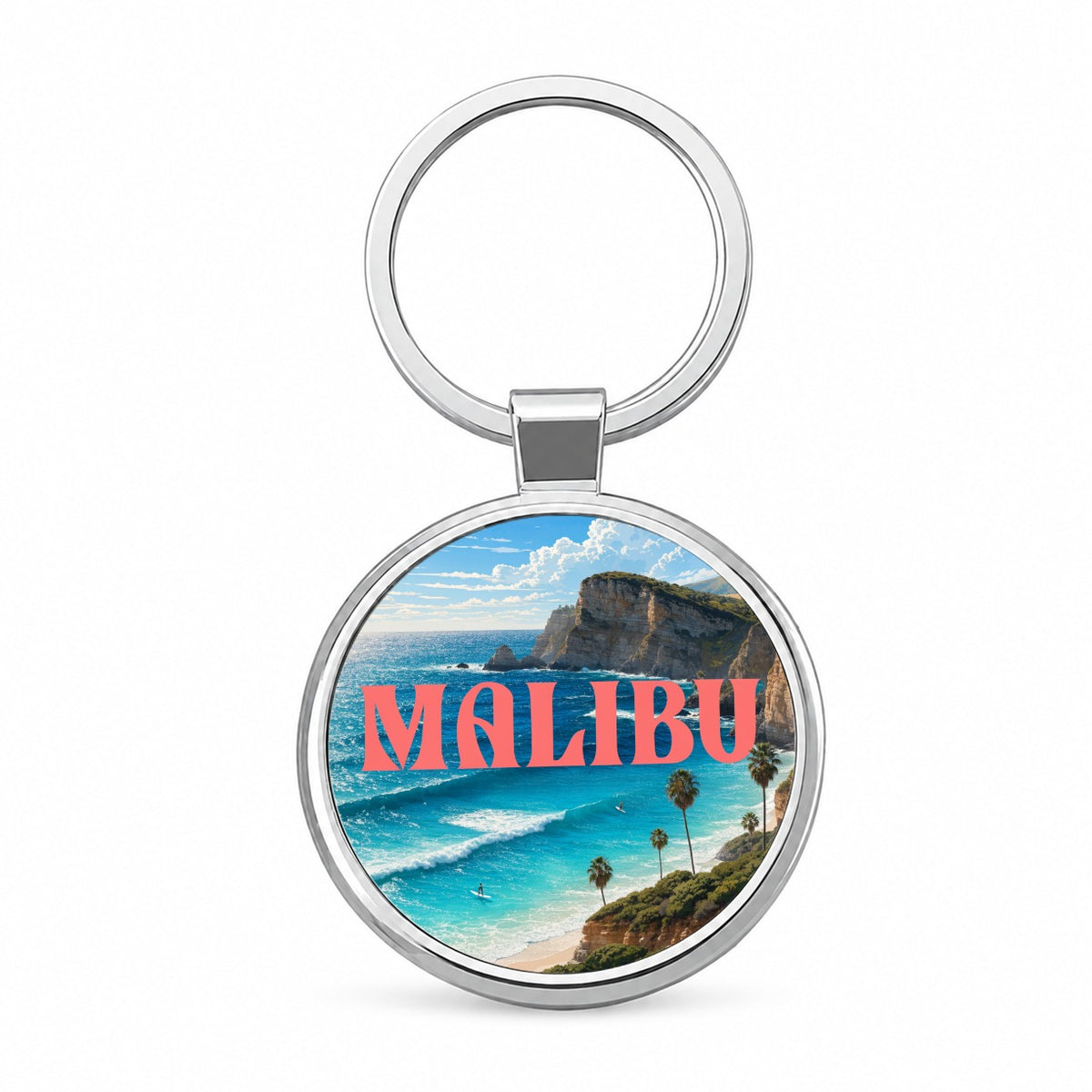 Malibu California Travel Round Metal Keychain