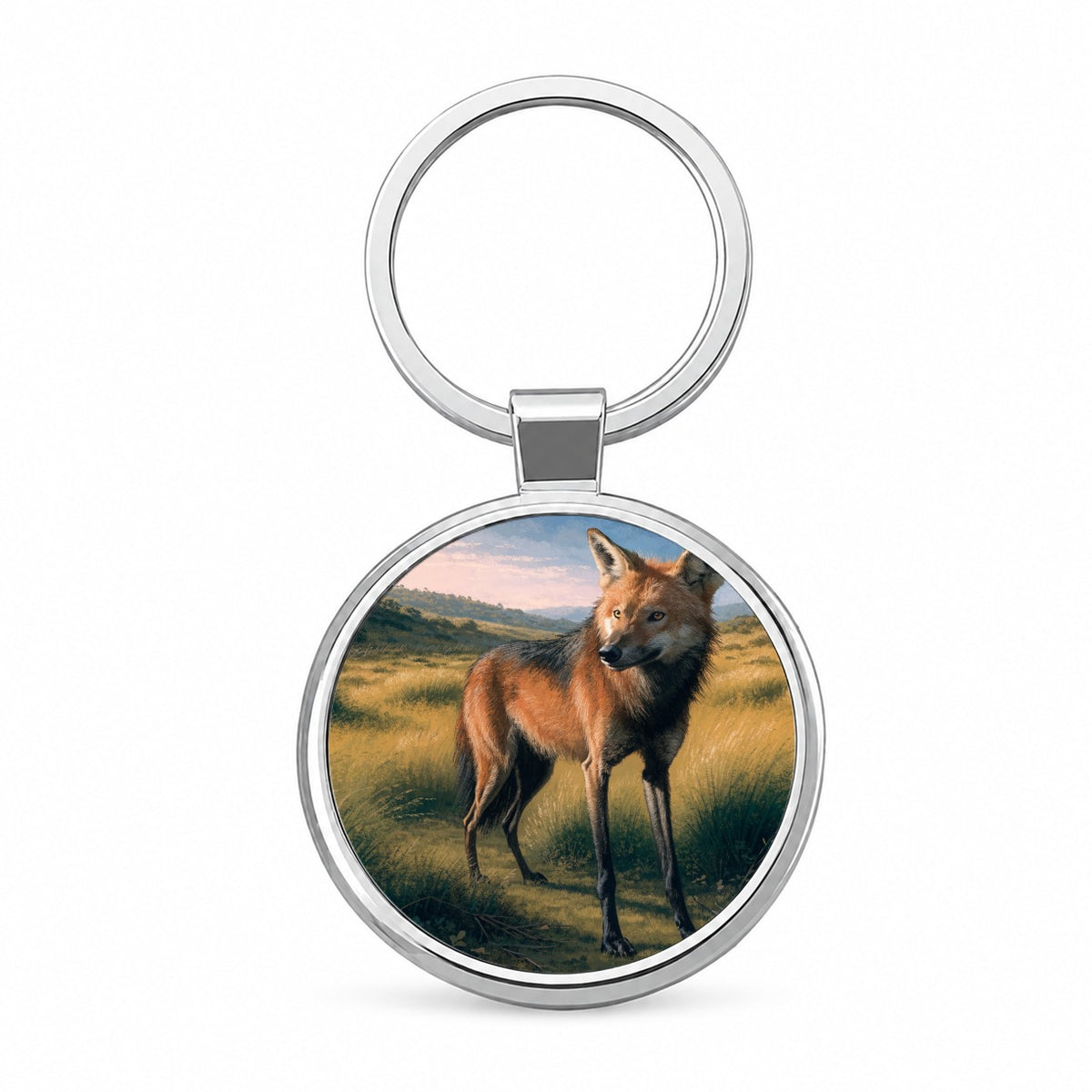 Maned Wolf Grasslands Round Metal Keychain