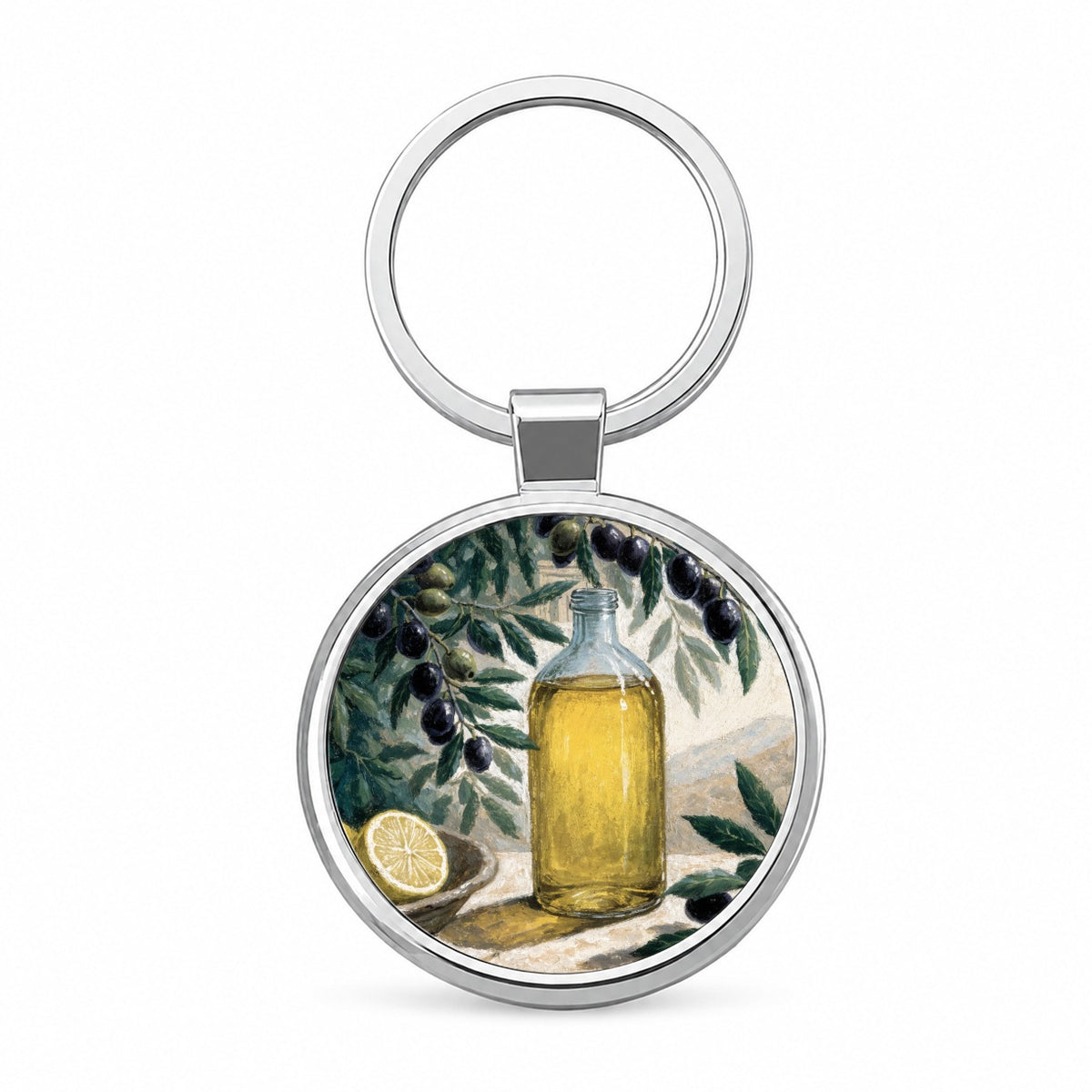 Mediterranean Olive Oil Round Metal Keychain
