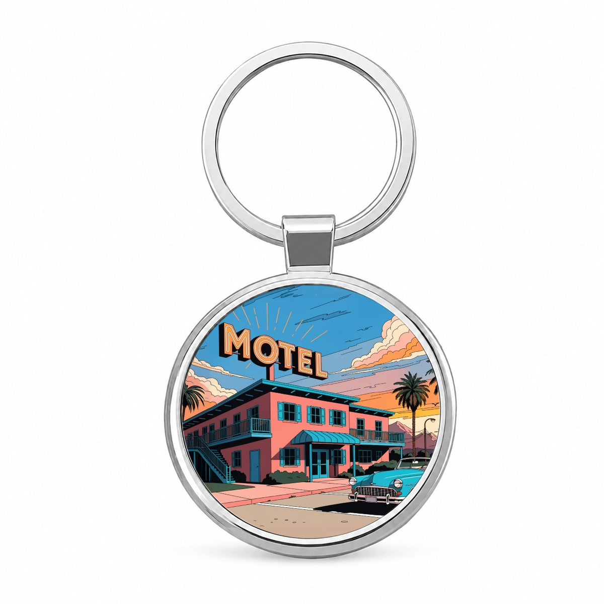 Mid Century Roadside Motel Round Metal Keychain
