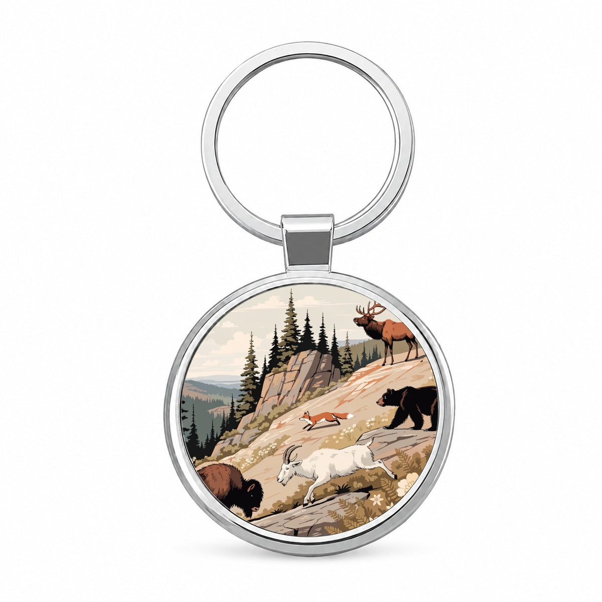 National Park Animals Bear Elk Fox Bison Round Metal Keychain