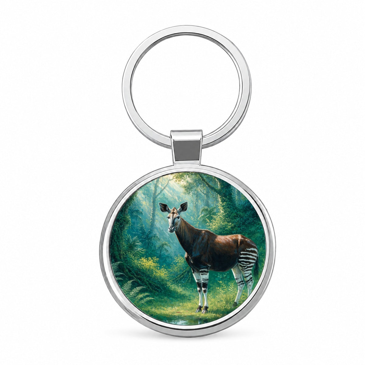 Okapi Rainforest Round Metal Keychain