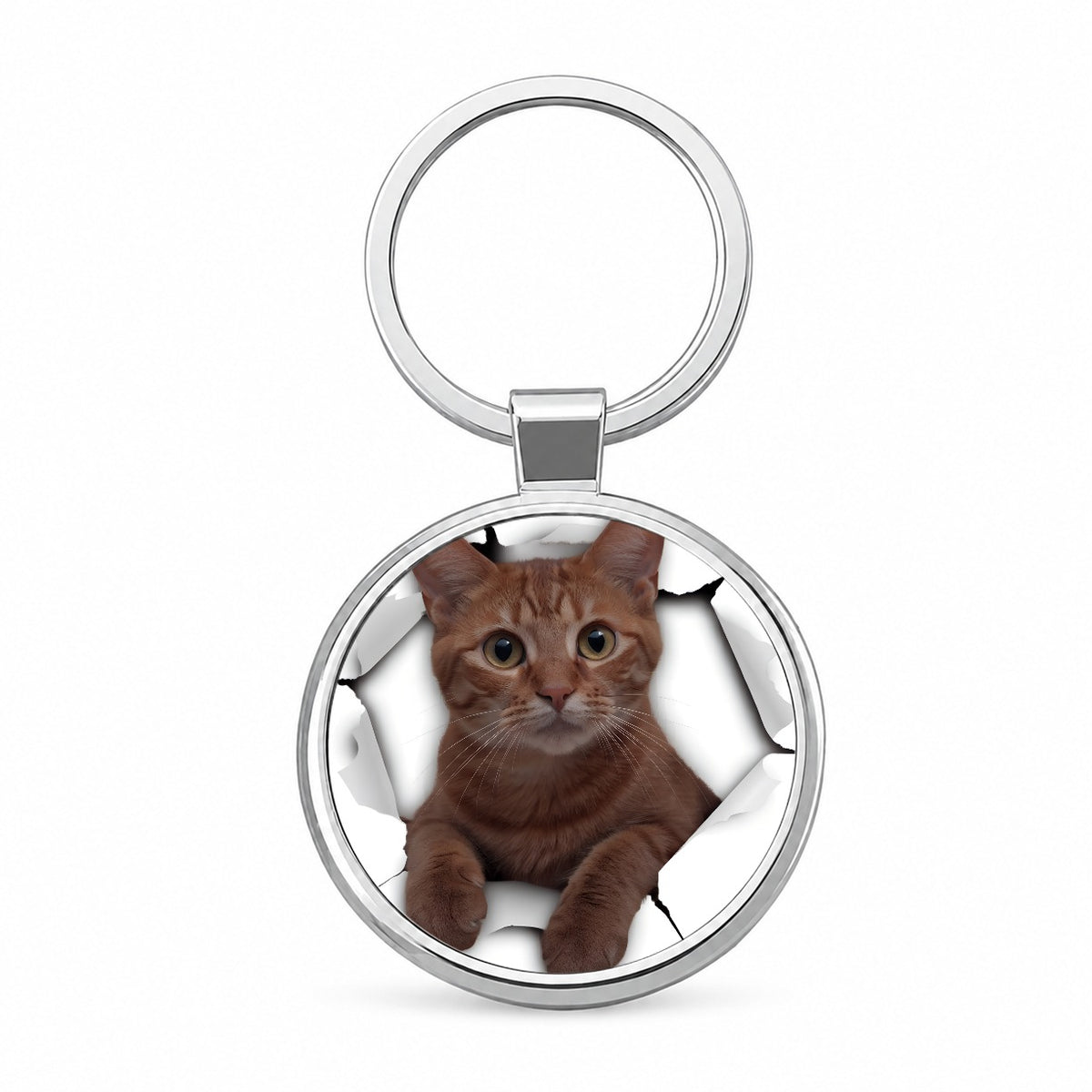 Orange Cat Breakout Round Metal Keychain