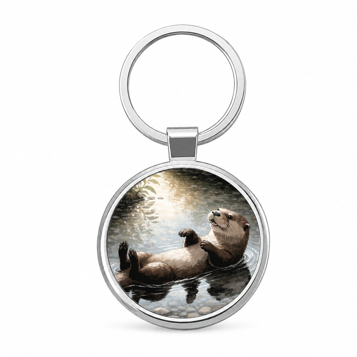 Playful River Otter Round Metal Keychain