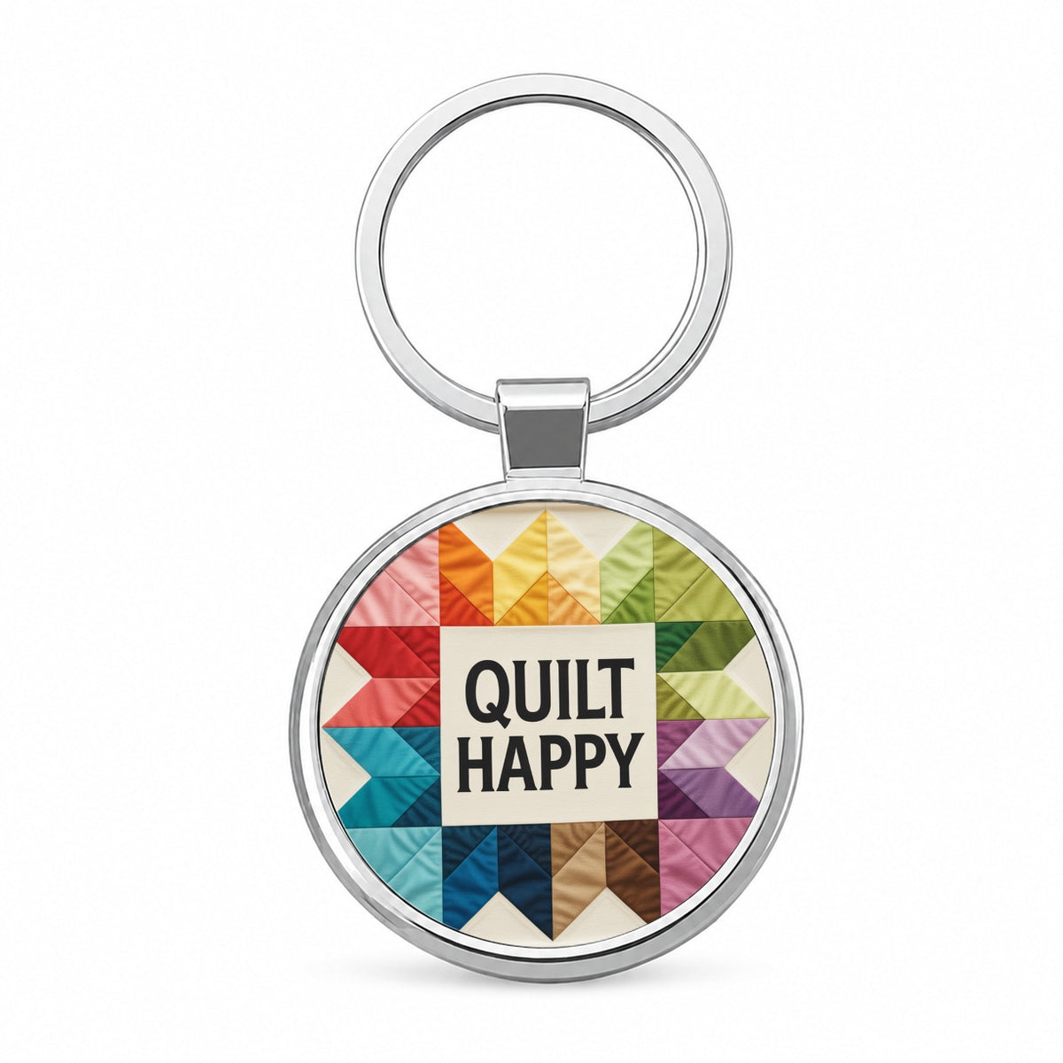 Quilt Happy Colorful Quilting Round Metal Keychain