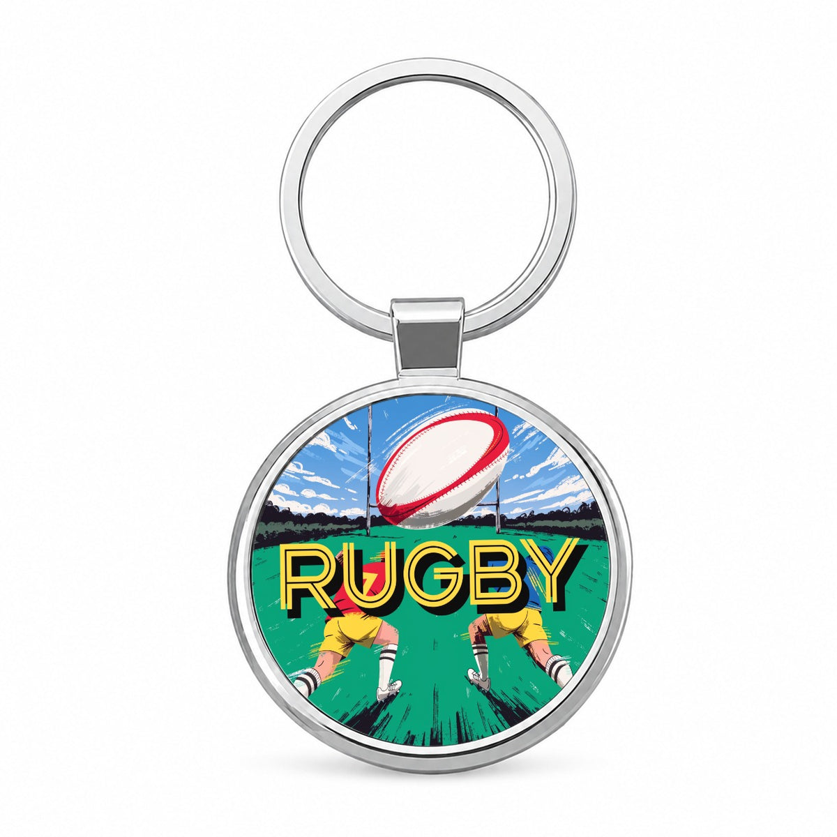 Rugby Ball Sports Round Metal Keychain