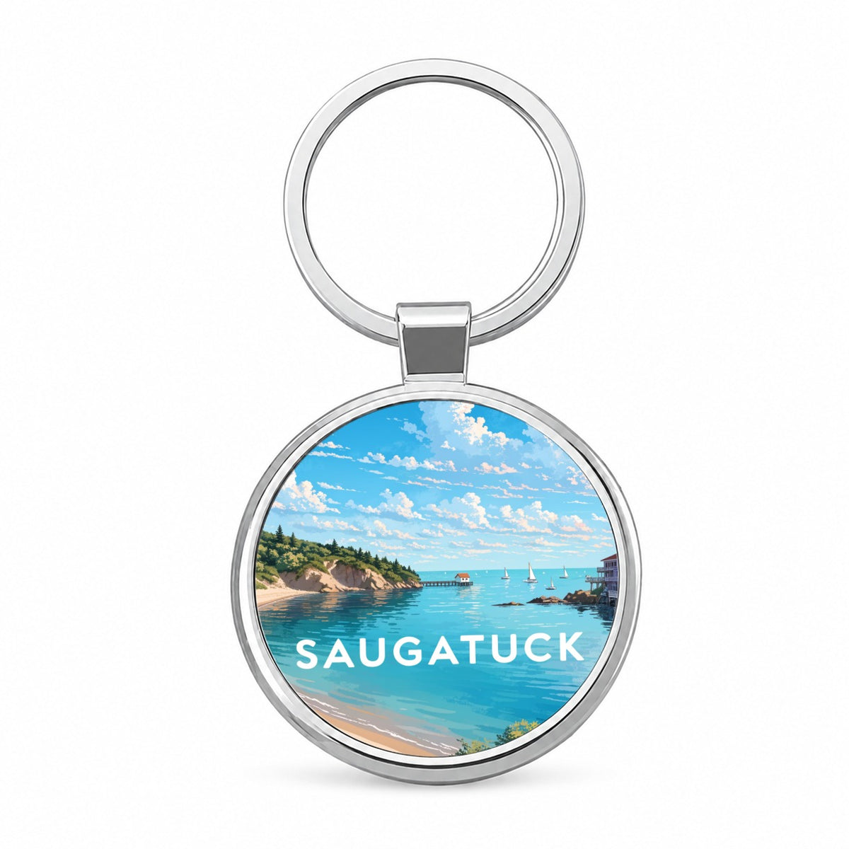 Saugatuck Michigan Travel Round Metal Keychain