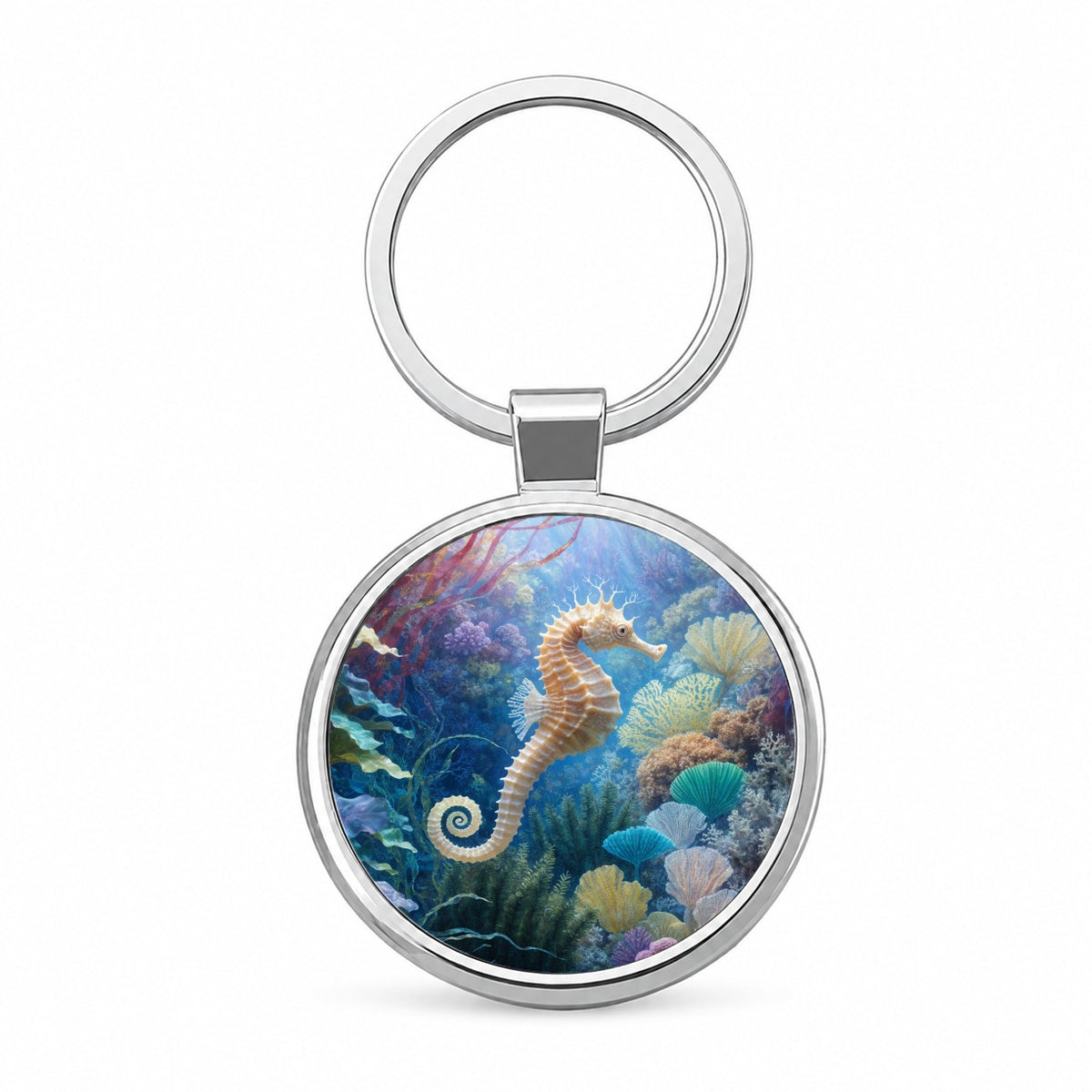 Seahorse Coral Reef Round Metal Keychain