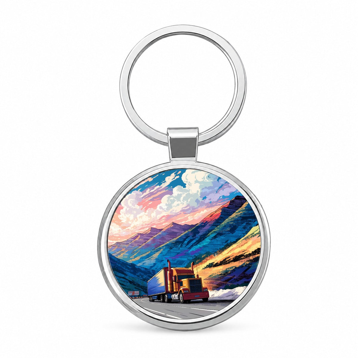 Semi Truck Traveling Driver Mountain Round Metal Keychain