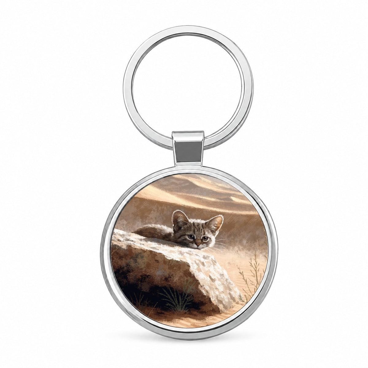 Small Sand Cat Round Metal Keychain