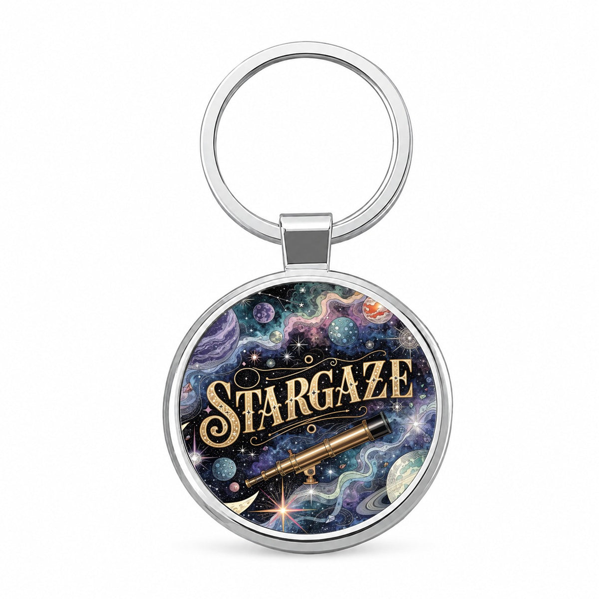 Stargaze Telescope Astronomy Space Round Metal Keychain