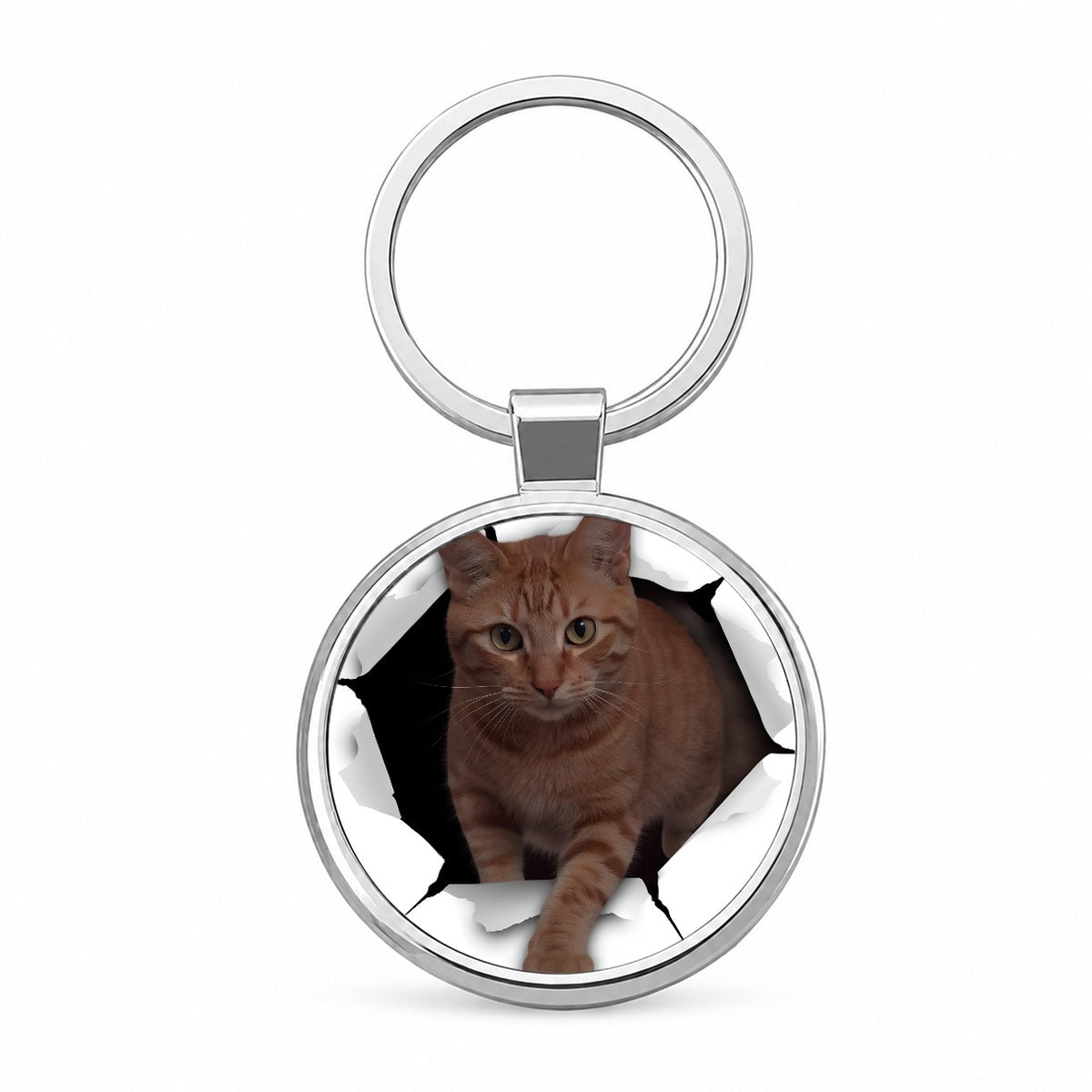 Tabby Orange Cat Breakout Round Metal Keychain
