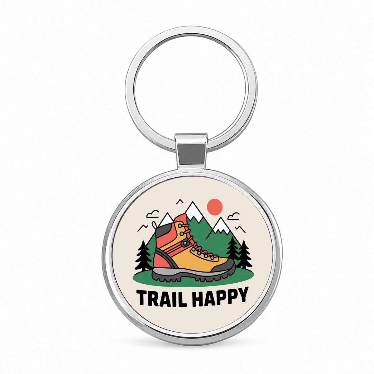 Trail Happy Hiking Boot Mountains Hiker Round Metal Keychain