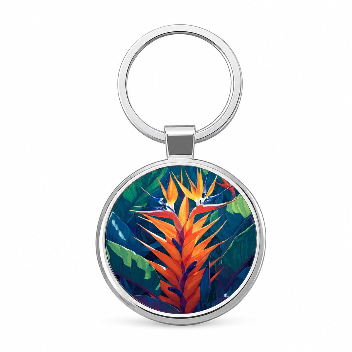 Tropical Bird Paradise Flowers Round Metal Keychain