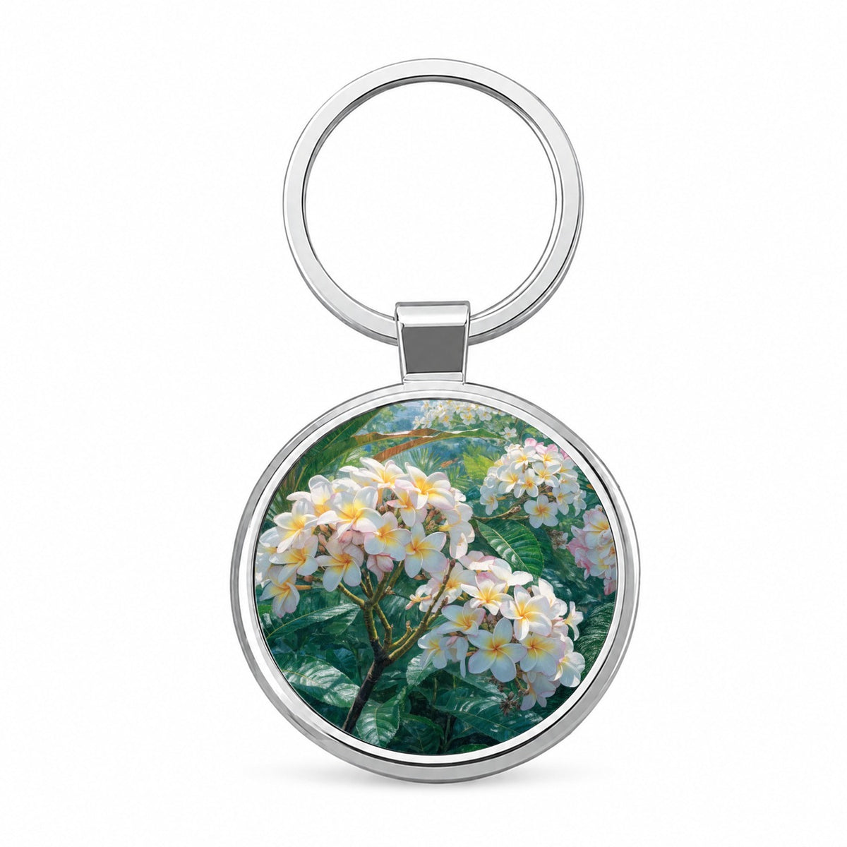 Tropical Frangipani Flowers Round Metal Keychain