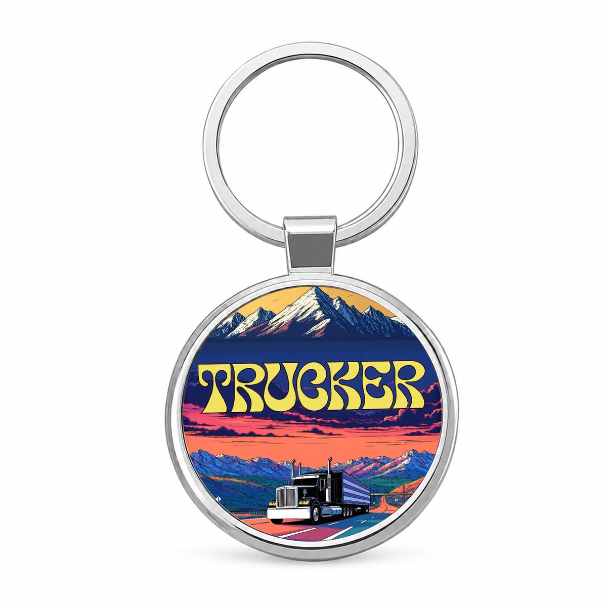 Trucker Semi Truck Driver Round Metal Keychain
