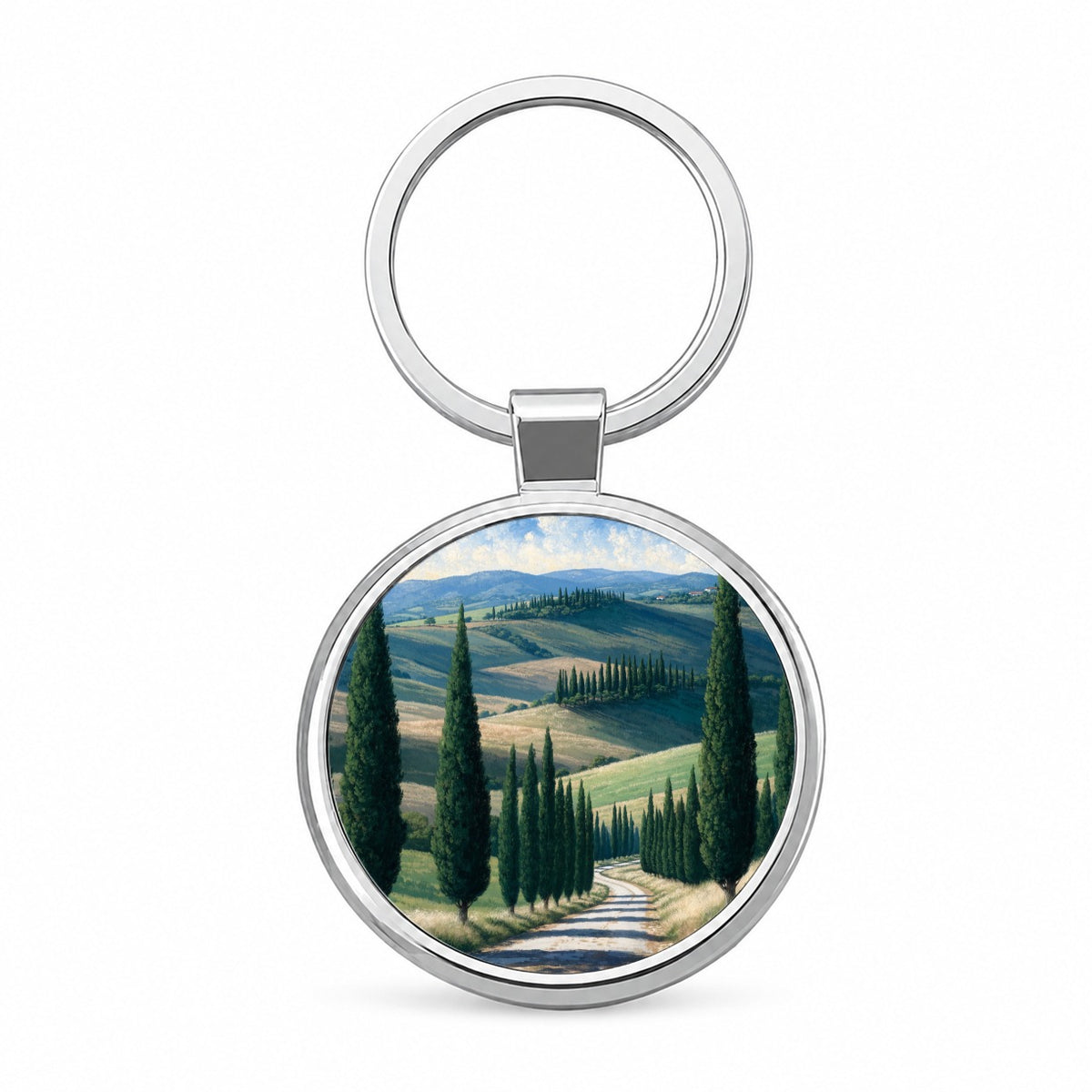 Tuscan Cypress Countryside Round Metal Keychain