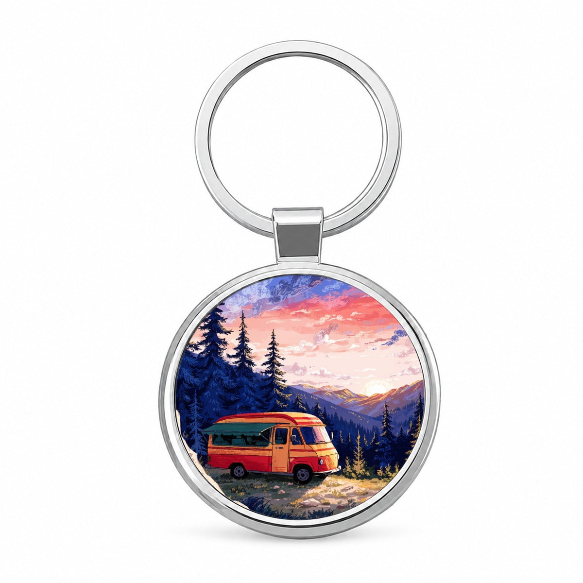 Vintage Camper Adventure Round Metal Keychain