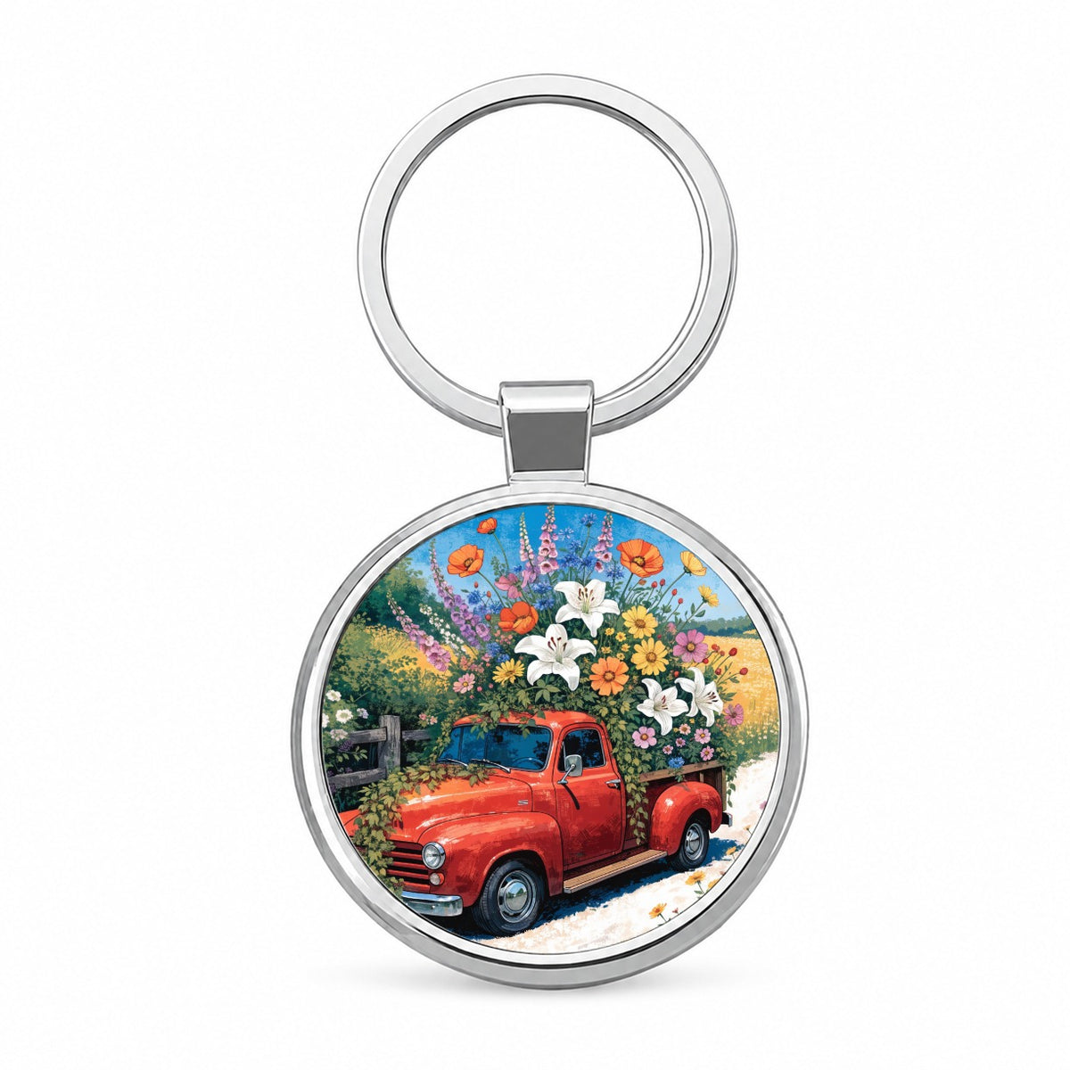 Vintage Flower Truck Round Metal Keychain