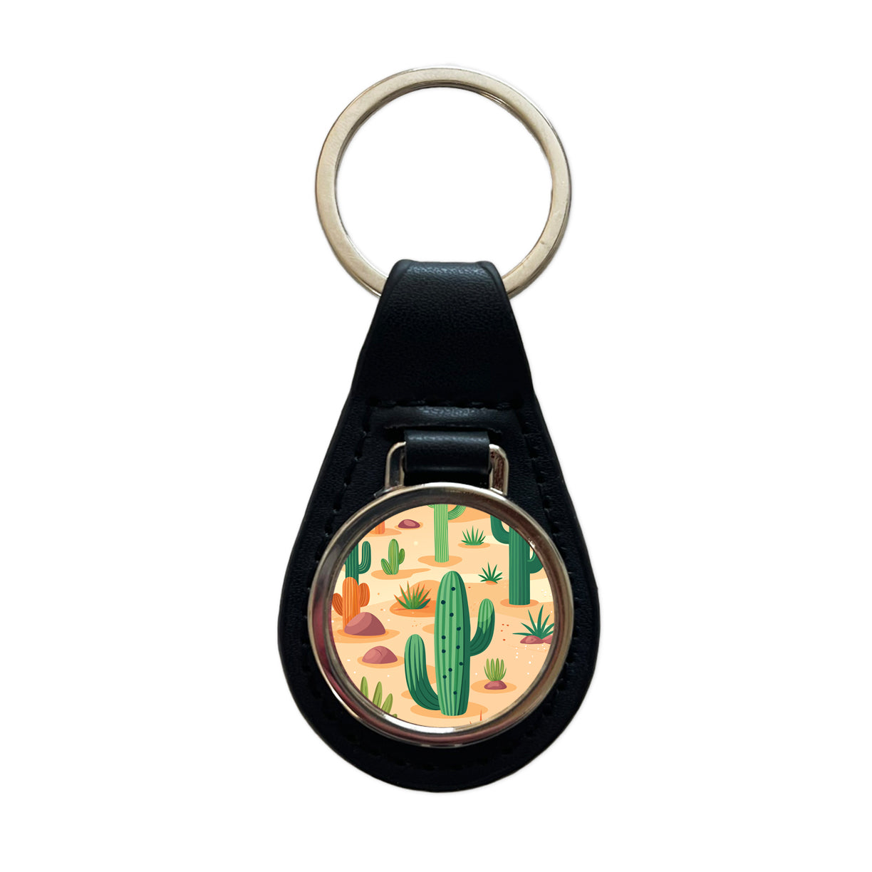Cactus Cacti Desert Scattered Pattern Black Leather Metal Keychain
