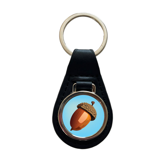 Acorn Nature Black Leather Metal Keychain