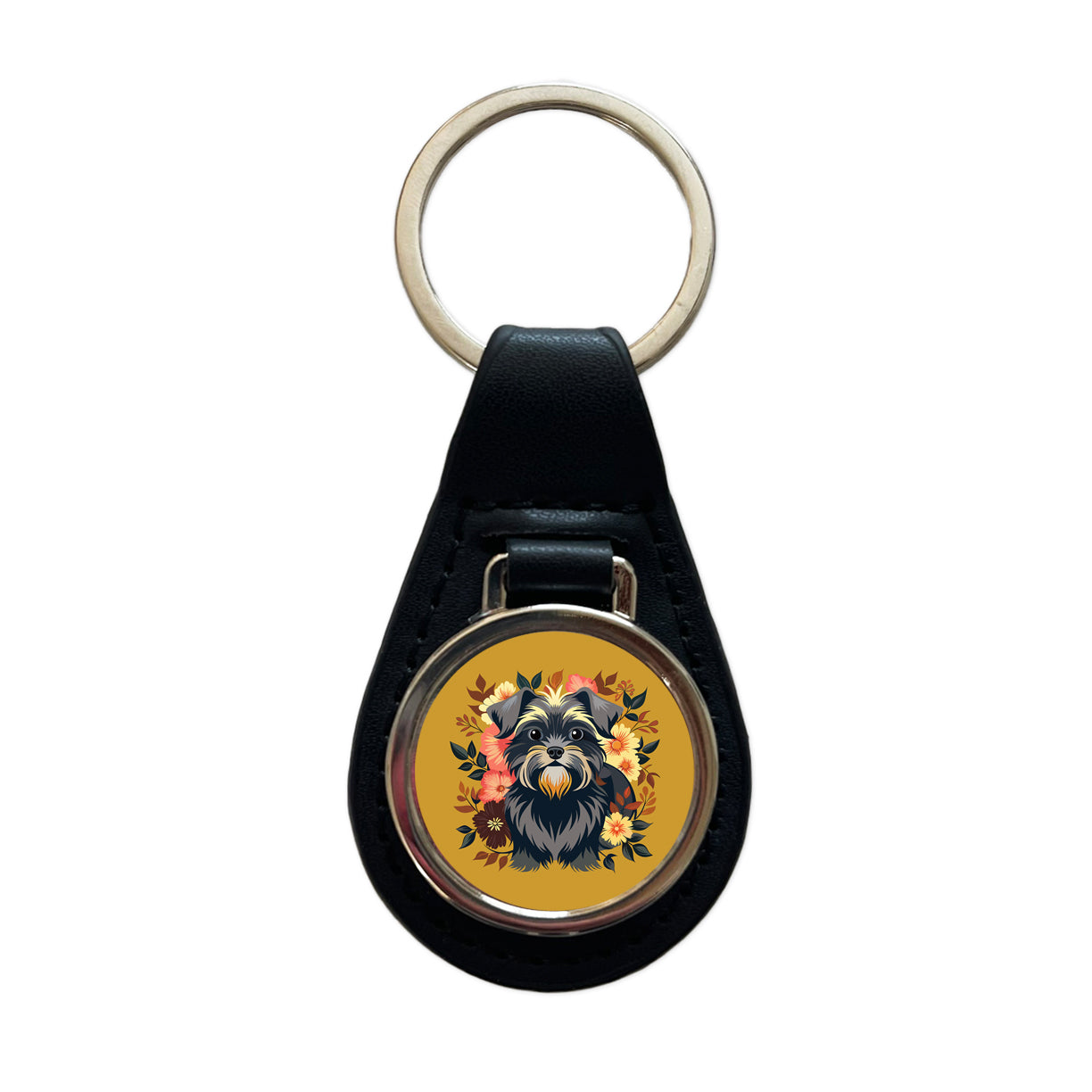 Affenpinscher Dog Floral Flowers Black Leather Metal Keychain