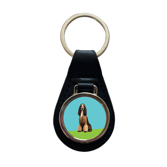 Afghan Hound Dog Sitting Black Leather Metal Keychain