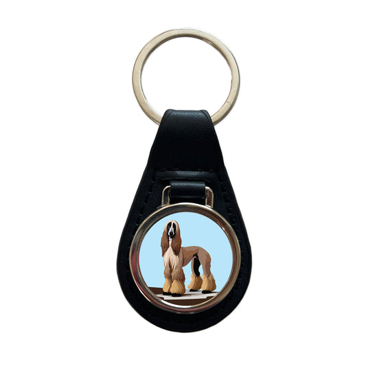 Afghan Hound Dog Standing Black Leather Metal Keychain