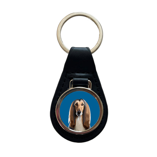 Afghan Hound Dog Staring Black Leather Metal Keychain
