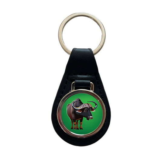 African Buffalo Standing Black Leather Metal Keychain