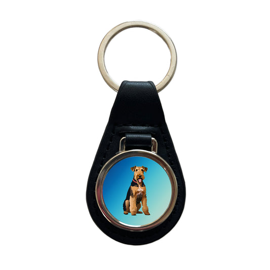 Airedale Terrier Dog Sitting Black Leather Metal Keychain