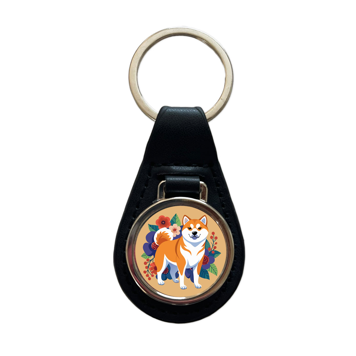 Akita Dog Floral Flowers Black Leather Metal Keychain
