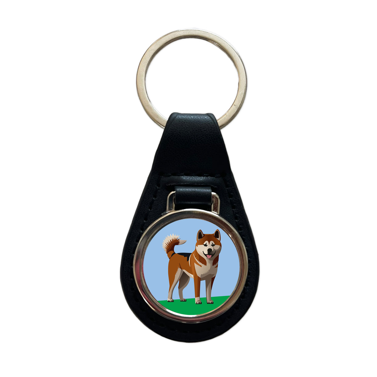 Akita Dog Standing Black Leather Metal Keychain
