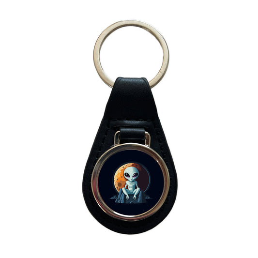 Alien Sitting Moon Planet Space Black Leather Metal Keychain