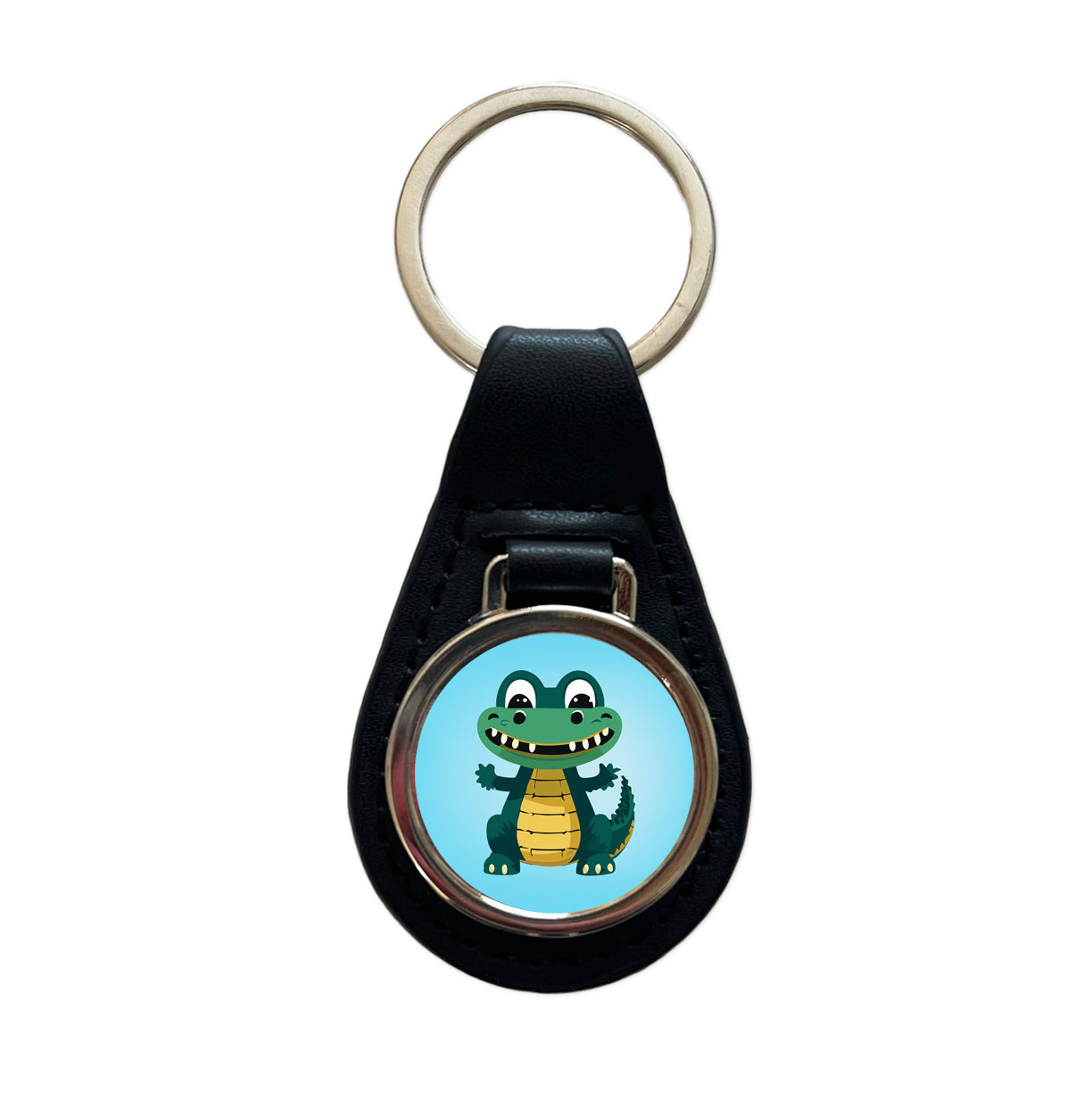 Alligator Crocodile Happy Black Leather Metal Keychain