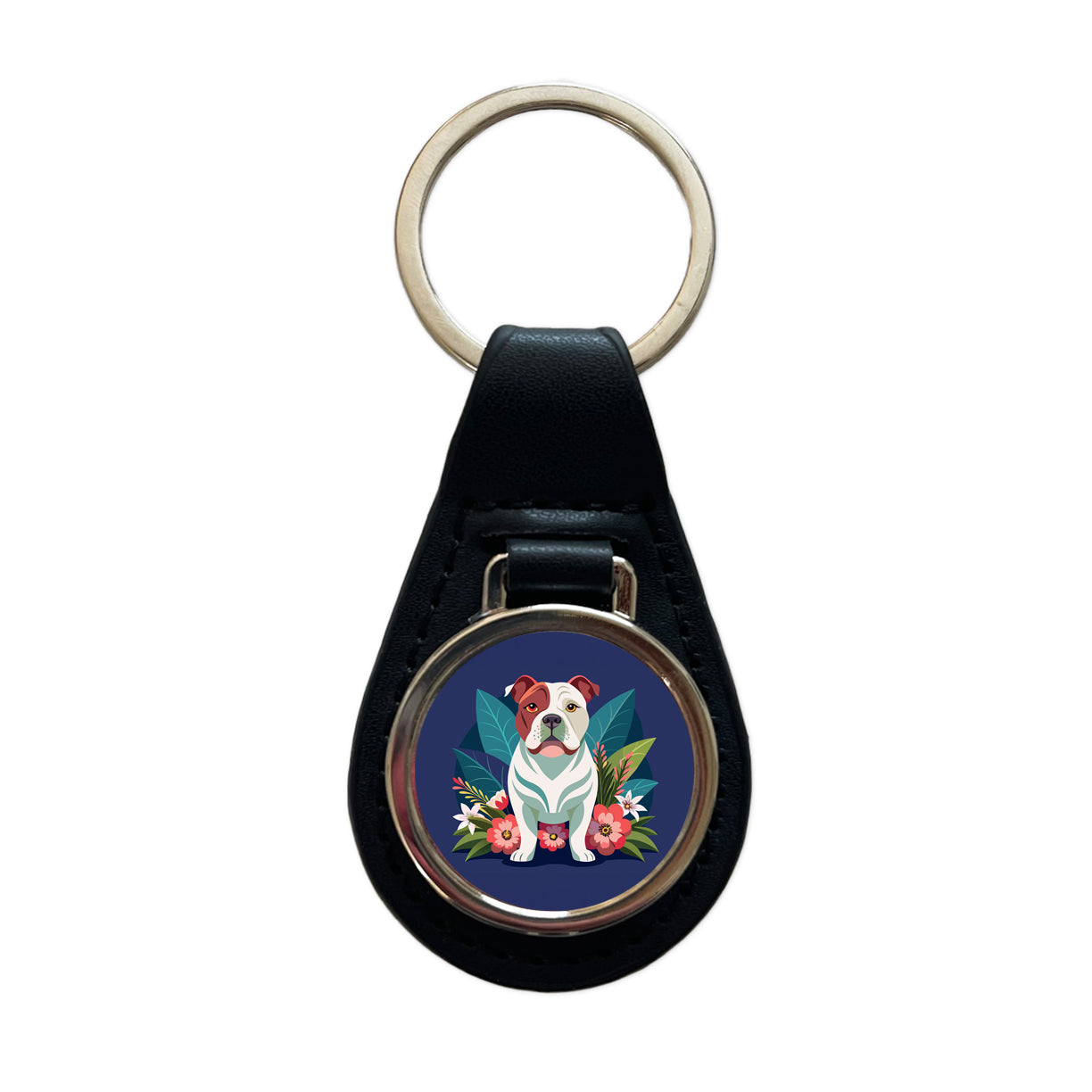 American Bulldog Floral Flowers Black Leather Metal Keychain