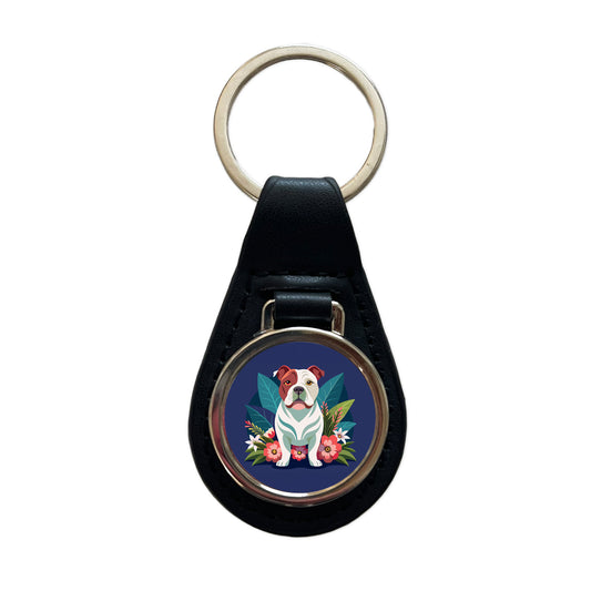 American Bulldog Floral Flowers Black Leather Metal Keychain