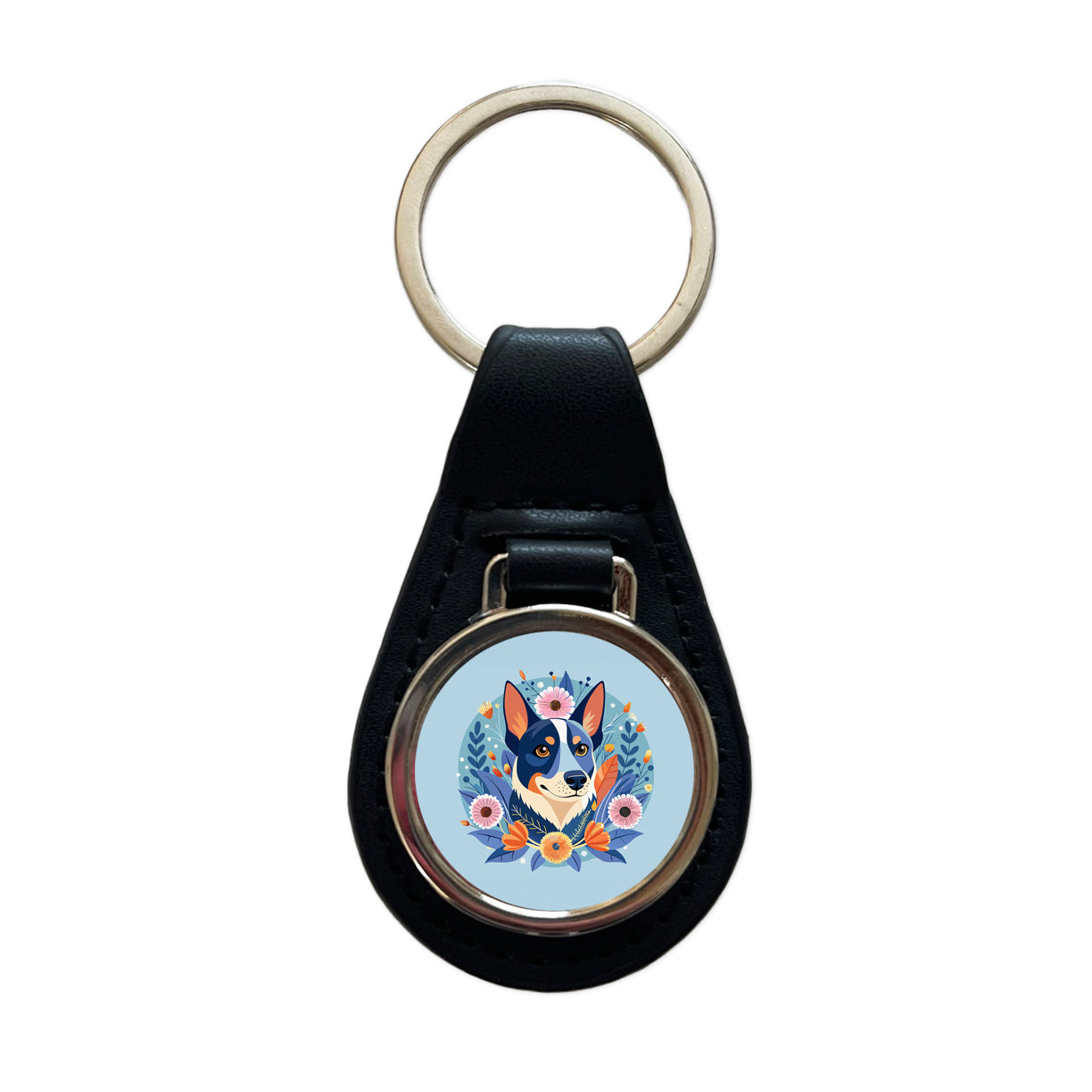 American Cattle Dog Floral Flowers Black Leather Metal Keychain