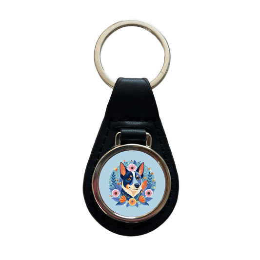 American Cattle Dog Floral Flowers Black Leather Metal Keychain