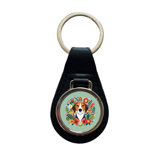 American English Coonhound Dog Floral Flowers Black Leather Metal Keychain