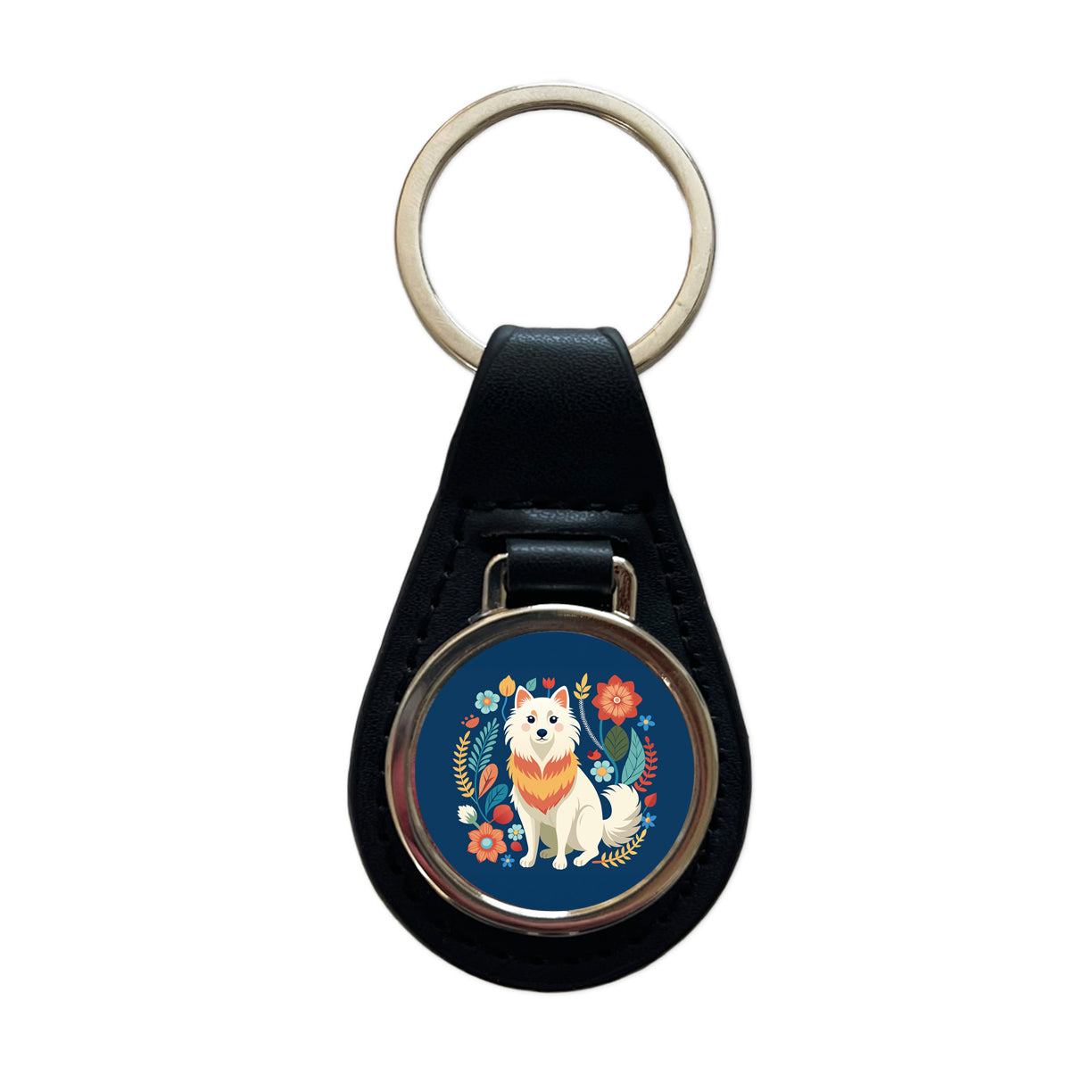 American Eskimo Dog Floral Flowers Black Leather Metal Keychain