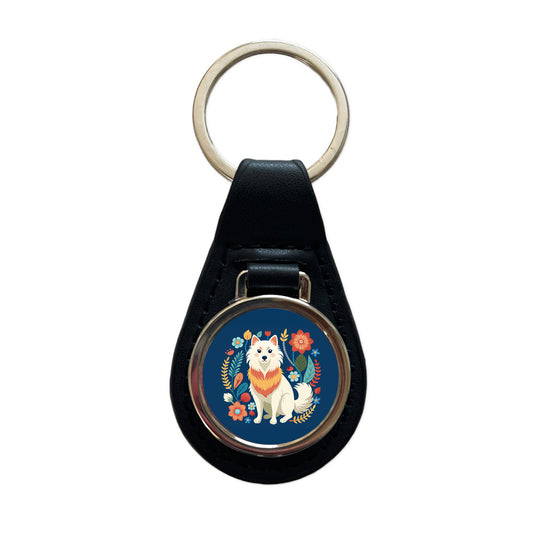 American Eskimo Dog Floral Flowers Black Leather Metal Keychain